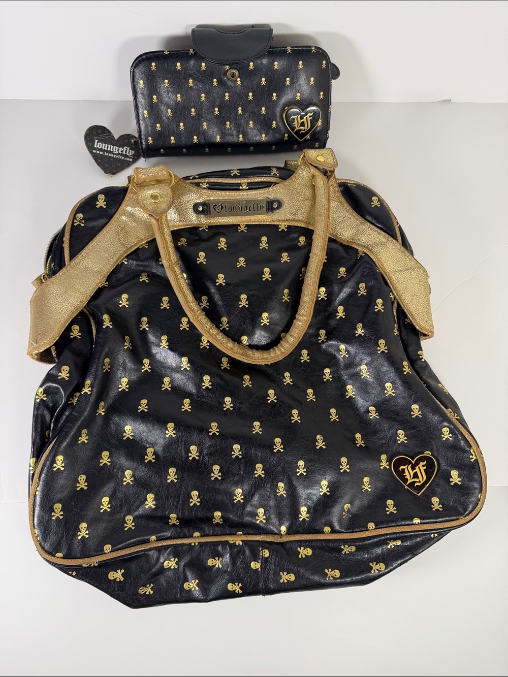 Vintage Loungefly Black Tote with Gold Skull Print and Matching Wallet